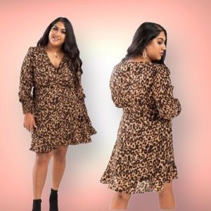 Mi Ami 3X Leopard Print Wrap Ruffle v neck Dress ruffles long sleeves trendy